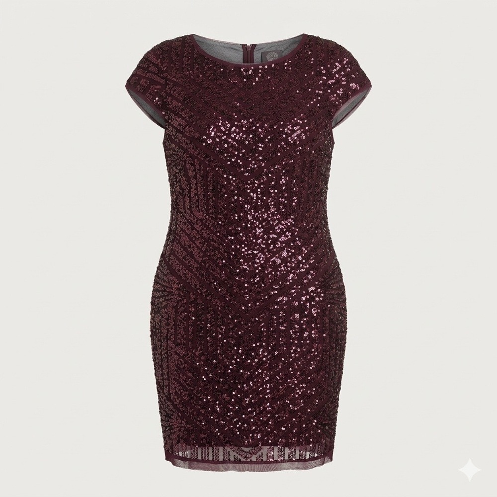 Vince Camuto Marrono Burgundy Dark Red Sequin Chevron Sheath Dress 14 Cocktail